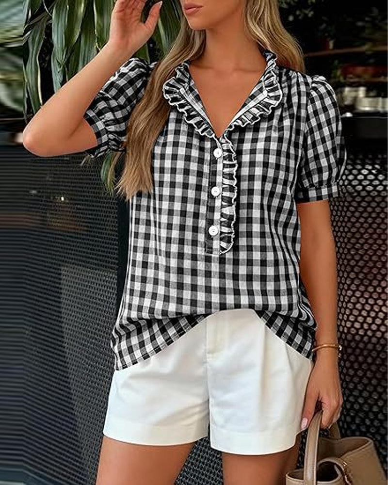 Plaid Puff Short-Sleeved Blouse