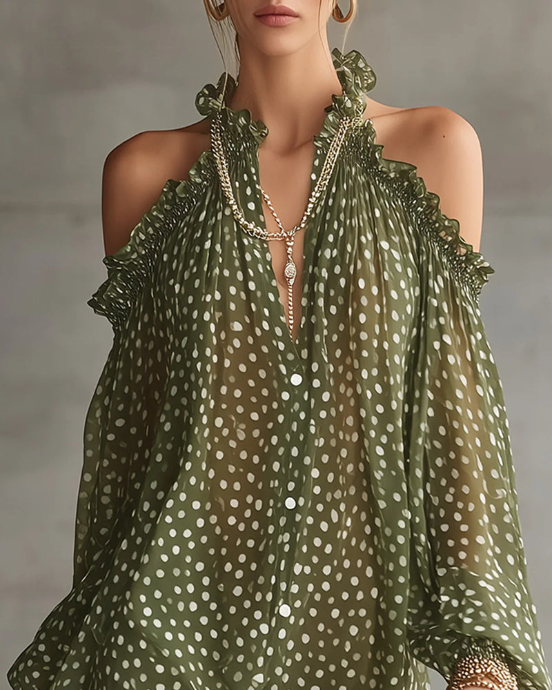 Polka Dot Halter Cold-Shoulder Dress