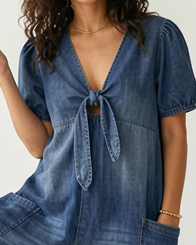 V-Neck Tie Denim Wide Leg Jumpsuit