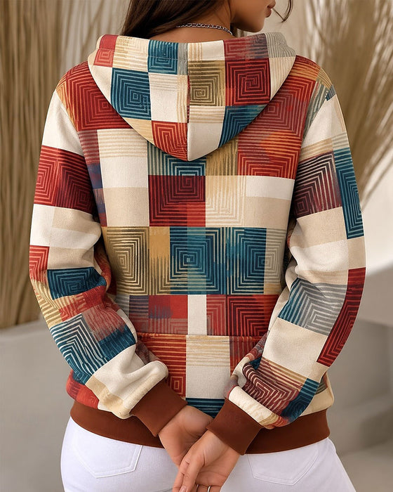 Plaid Color-Block Drawstring Hoodie