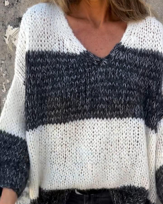 V-neck contrast casual sweater