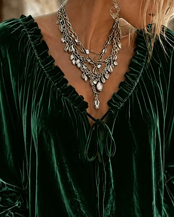 Velvet V-Neck Ruffled Long Sleeve Top