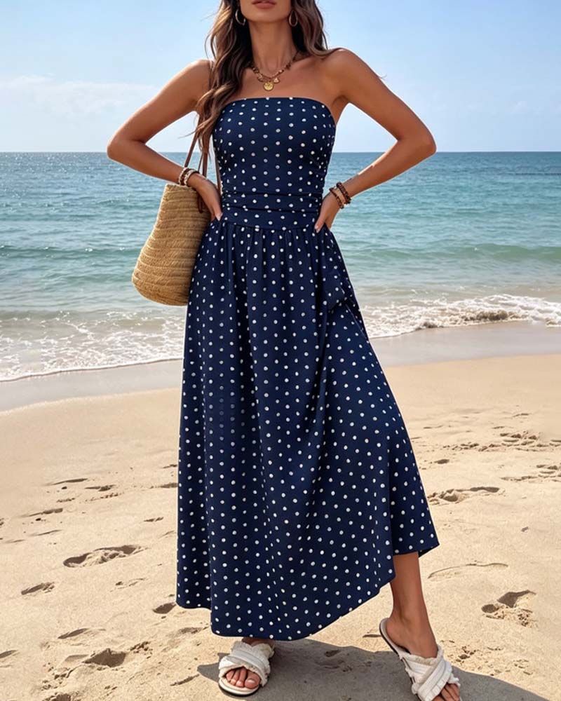 Polka Dot Bandeau A Line Long Dress