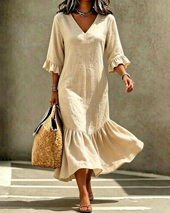 V-Neck Pocket Ruffle Fitted Dress