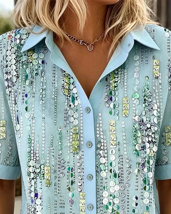 Sequin Vertical Stripe Short-Sleeve Shirt