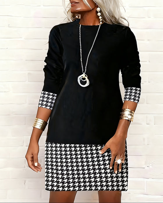 Houndstooth Paneled Long-Sleeved Dress