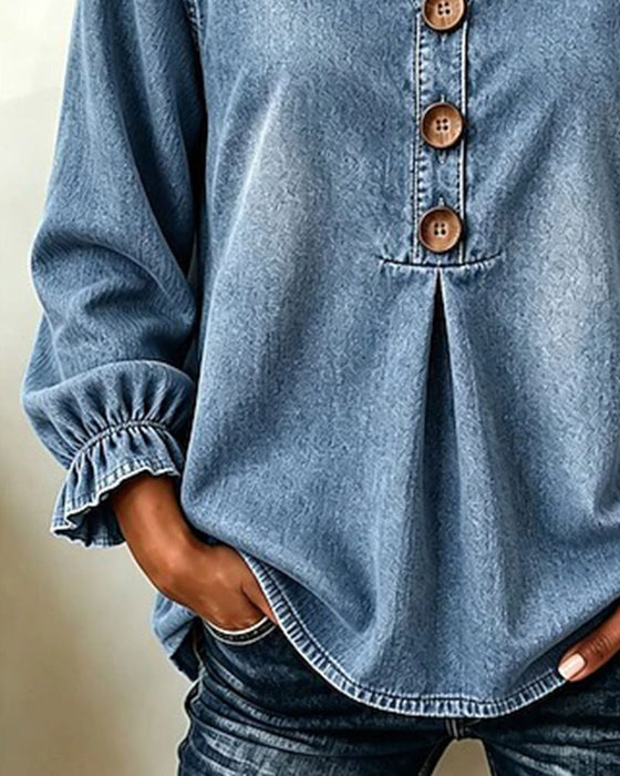 Denim V-Neck Button Ruffle Sleeve Top