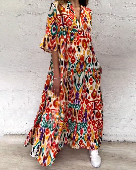 Color Print A-Line Dress with V-neck