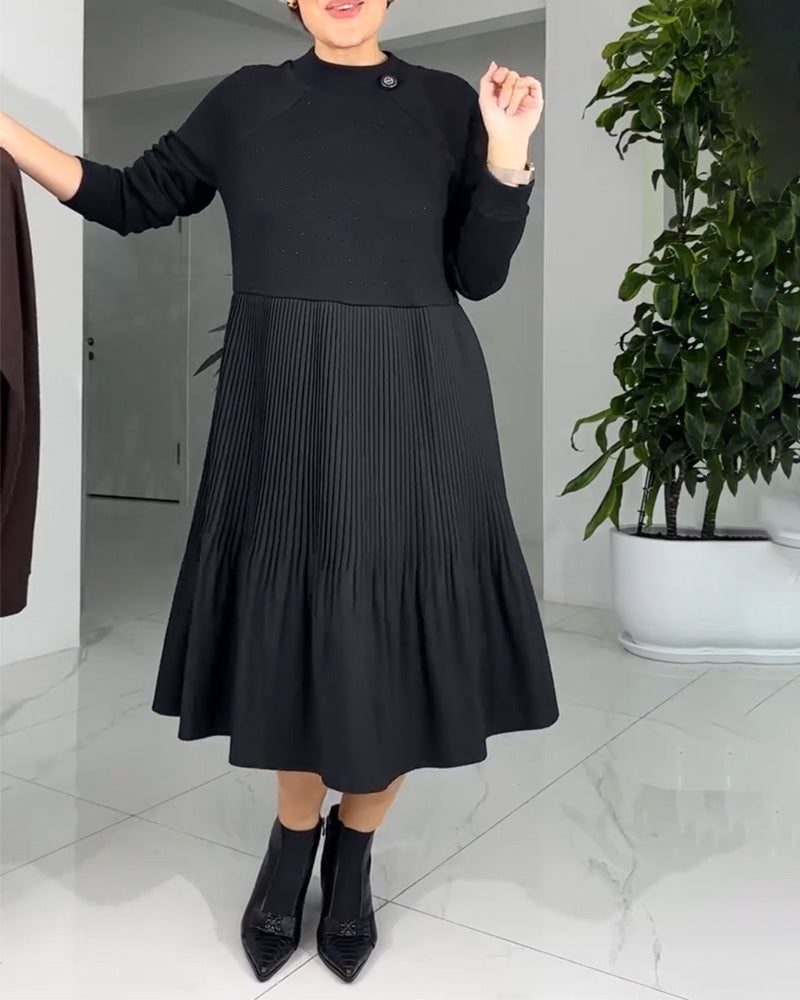 Pleated Paneled Long-Sleeved Dress