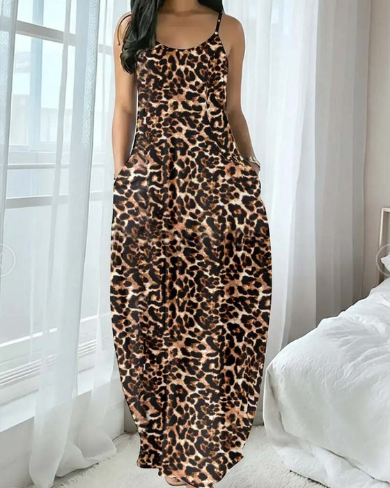 Spaghetti Strap Leopard Print Waist-Cinching A-Line Dress