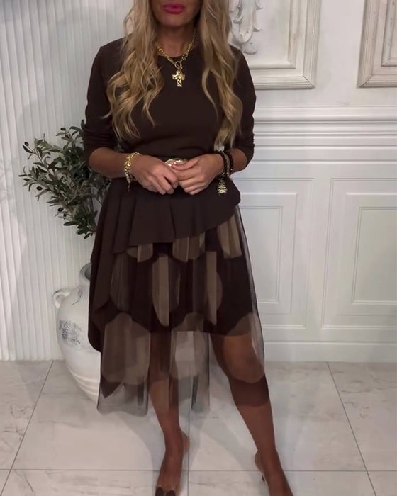 Metal Buckle Belt Lace Patchwork Dress