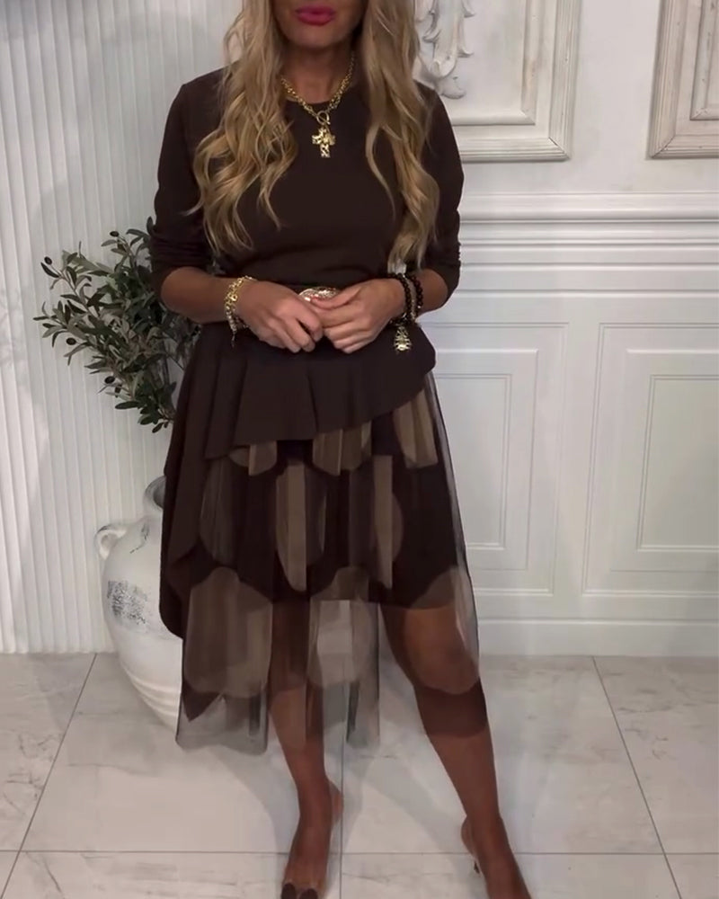 Metal Buckle Belt Lace Patchwork Dress