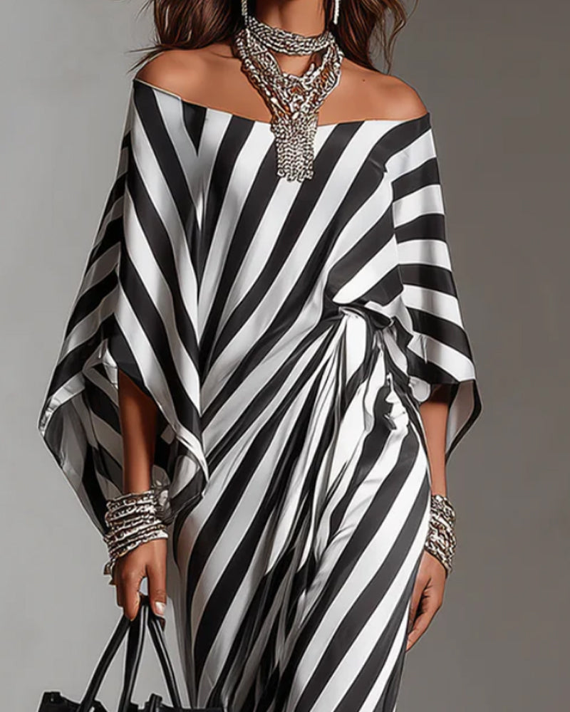 Off-Shoulder Batwing Sleeve Stripe Long Dress