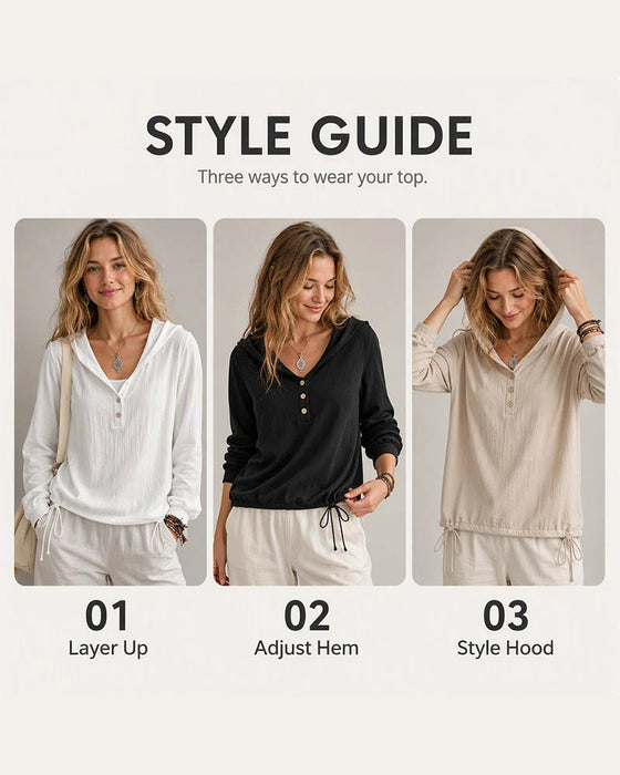 Solid Button Hooded Long Sleeve Top