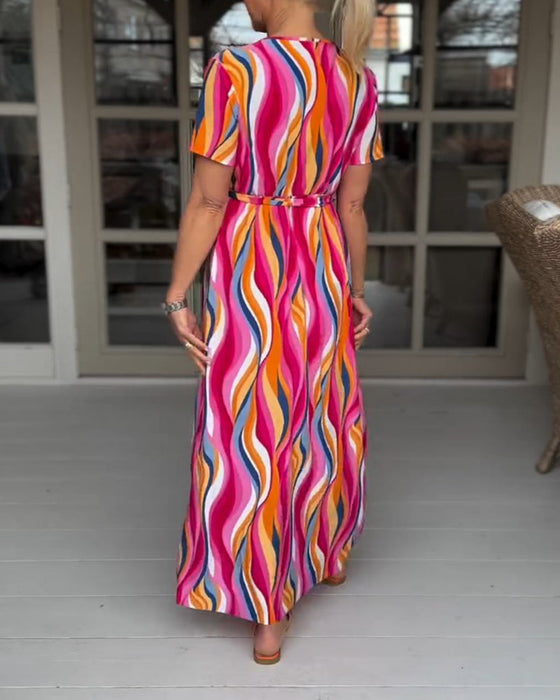 Colorful printed short-sleeved lace-up long dress