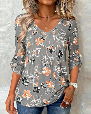V-neck leaf print top