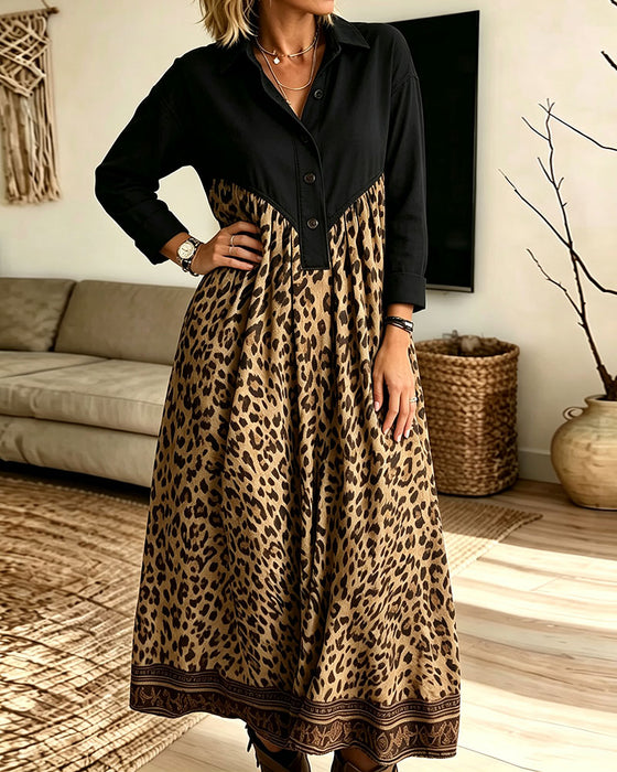 Shirt-Collar Button-Down Leopard Print Pocket Dress