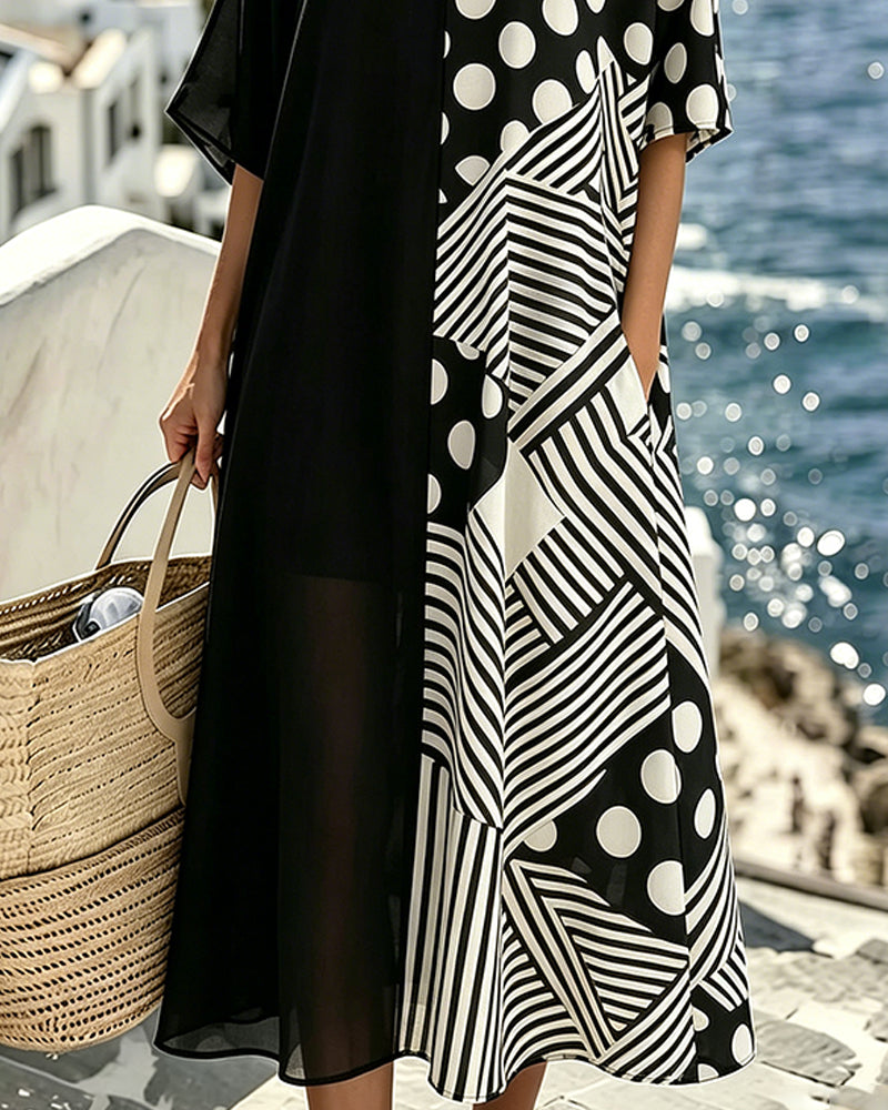 V-Neck Polka Dot Stripe Patchwork Dress