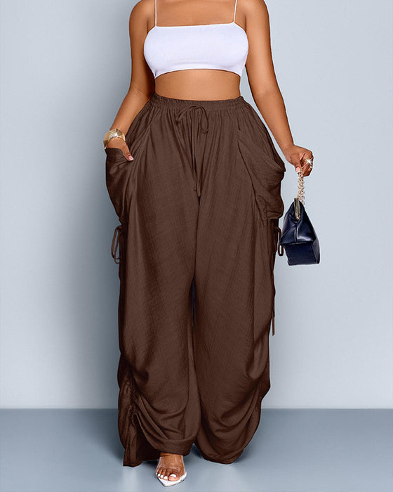 Solid Color Pleated High-Waist Wide-Leg Pants