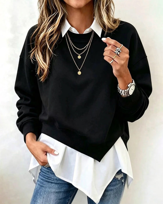Faux Two-Piece Patchwork Collared Sweatshirt