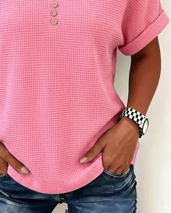 Small V-Neck Button Solid Waffle Top