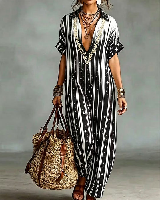 V-Neck Stripe Contrast Loose Jumpsuit