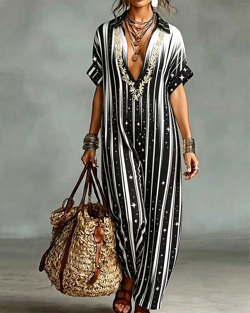 V-Neck Stripe Contrast Loose Jumpsuit