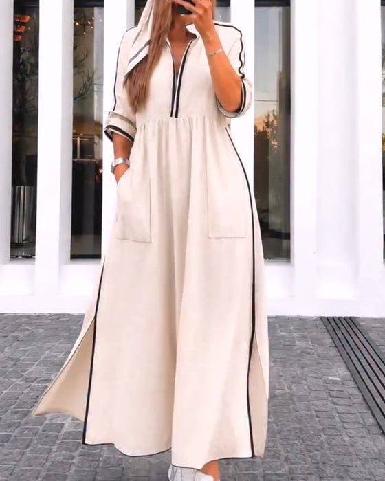 Lapel Pocket Slit Dress