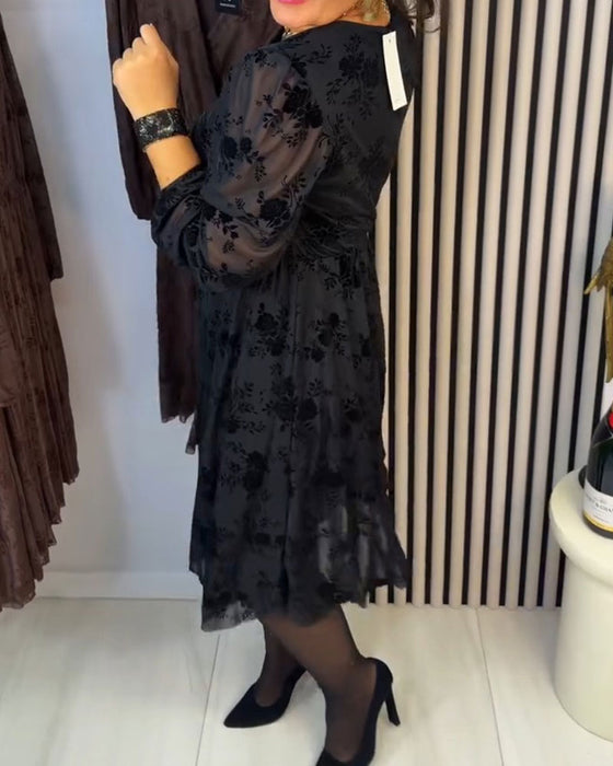 Floral V-Neck Long-Sleeved A-Hem Dress