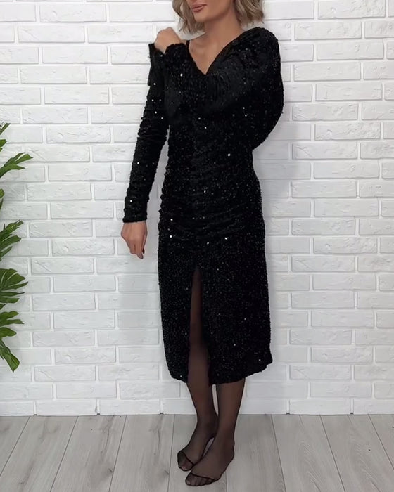 V-neck Sequined Slit Party Dress