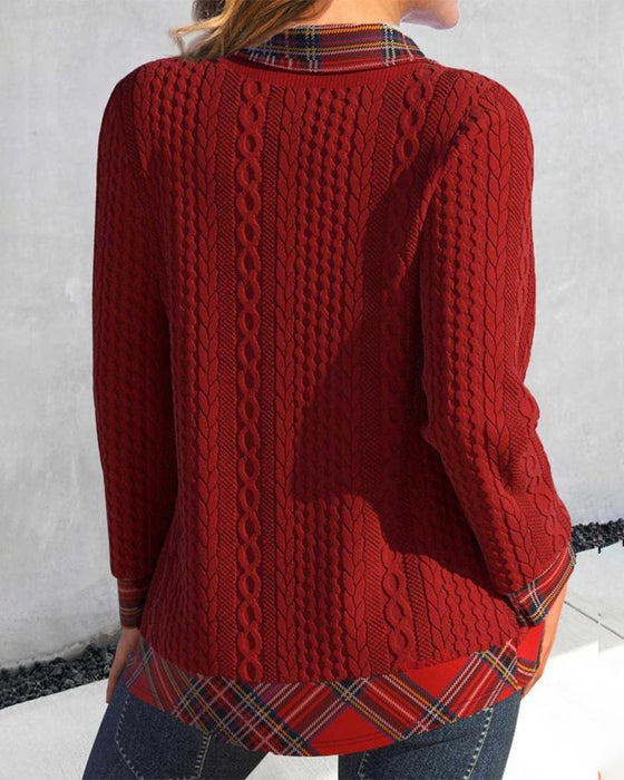 Plaid patchwork lapel sweatshirt