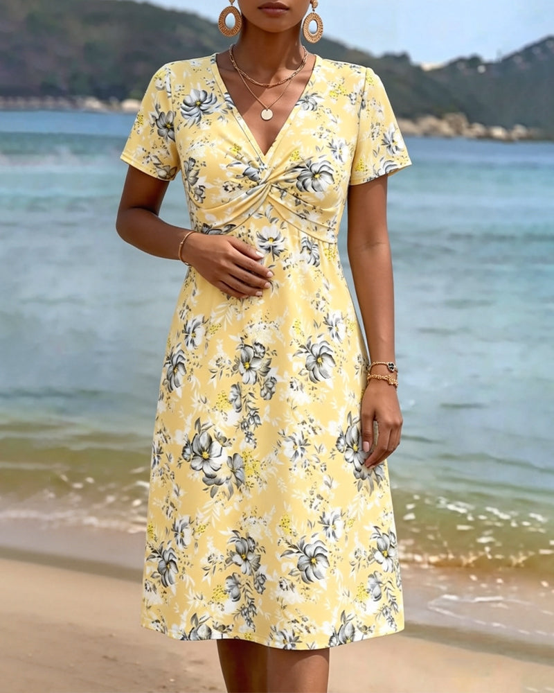 Floral V-Neck Twist Knot Dress