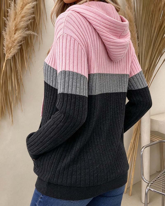 Hooded Ribbed Contrast Pocket Hoodie