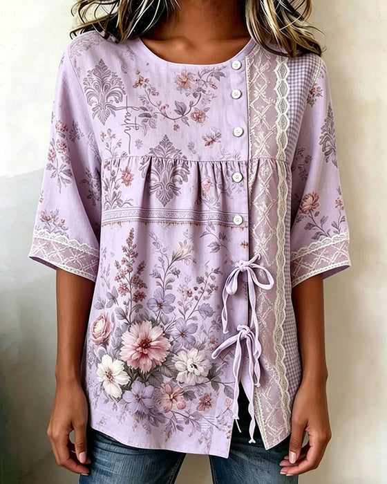 Retro Floral Print Casual Blouse