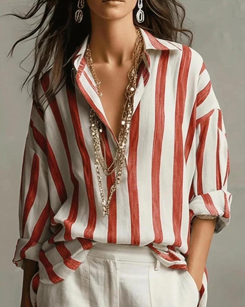 Long-Sleeved Striped Collared Blouse