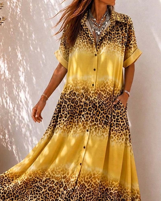Lapel Leopard Print Gradient Shirt Dress