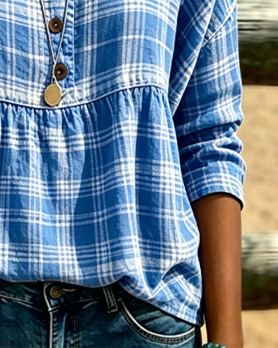 Vintage Plaid V-Neck Blouse