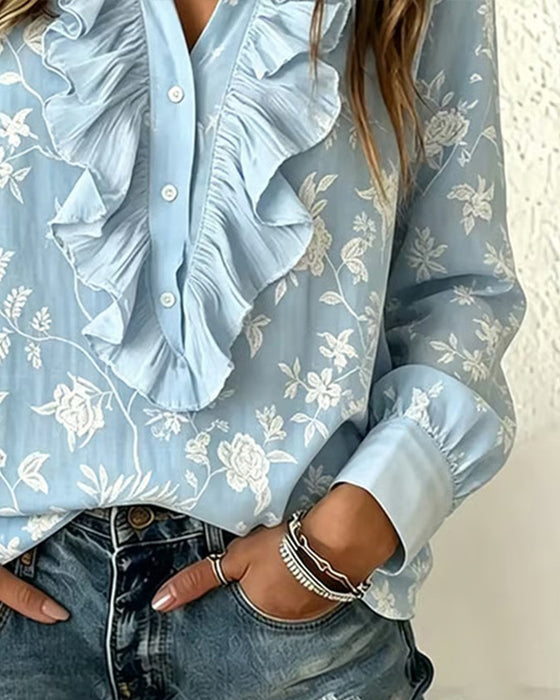 Button Front Ruffle V-Neck Puff Sleeve Blouse