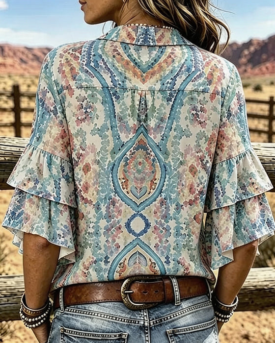 Color-Block Double Layer Ruffle Sleeve Shirt