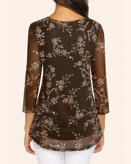 Round Neck Pleated Floral Top