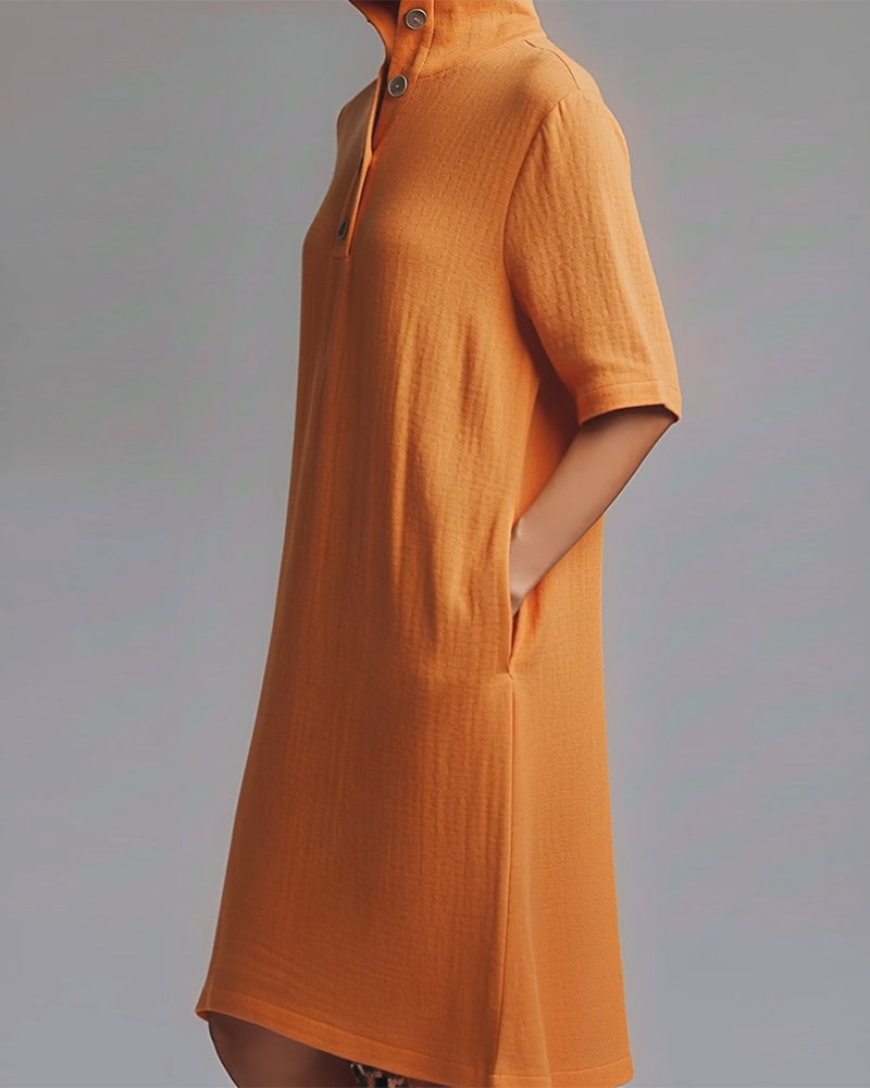 Solid Color Stand-Collar Short-Sleeved Dress