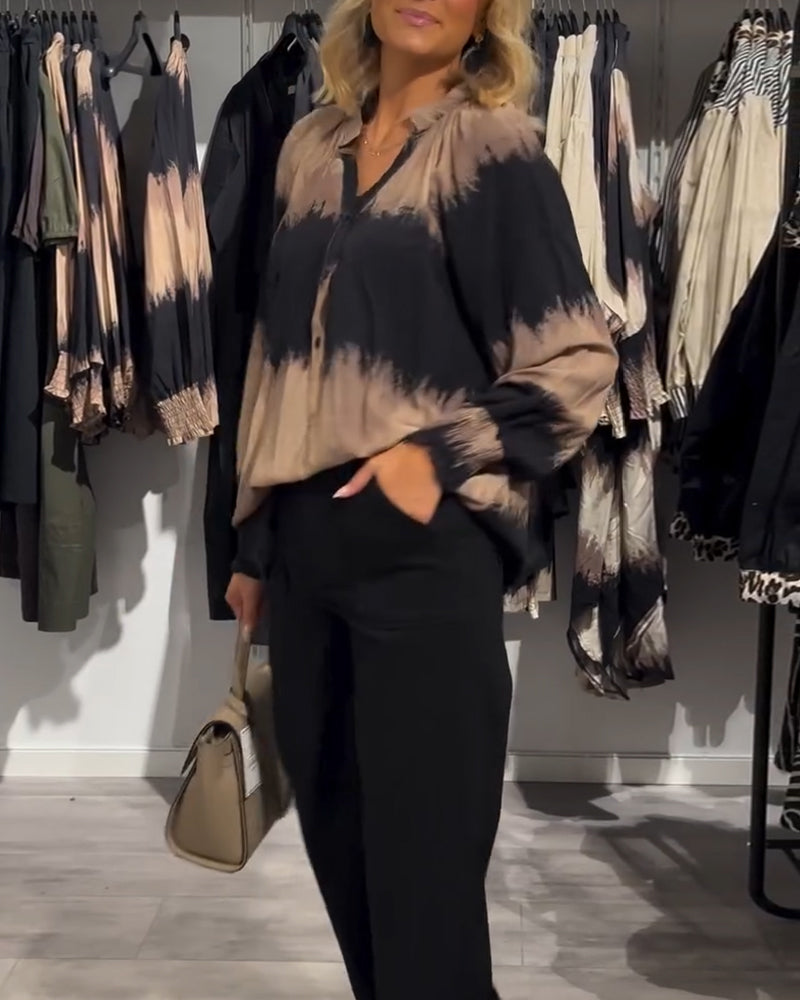 Vintage colorblock V-neck button blouse