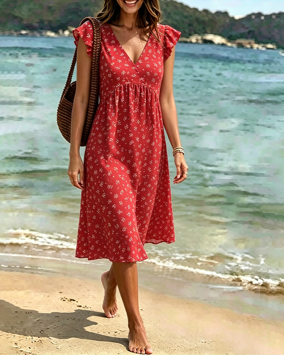 V-Neck Floral Small Flying Sleeves Dress