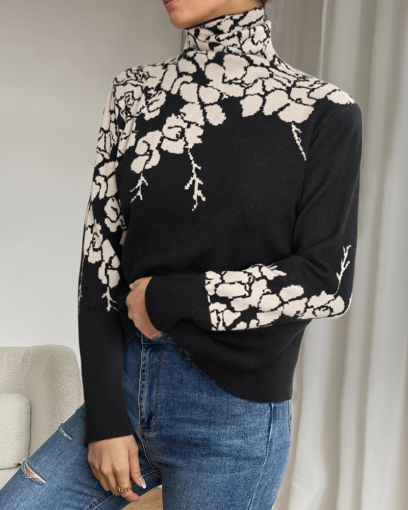 High Neck Floral Jacquard Pullover