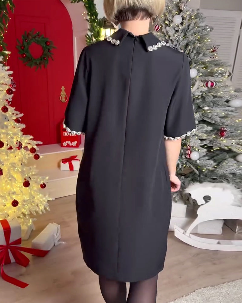 Peter Pan Collar Rhinestone-Embellished Straight Dress