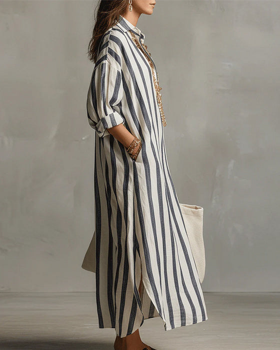 Lapel Collar Striped Dress