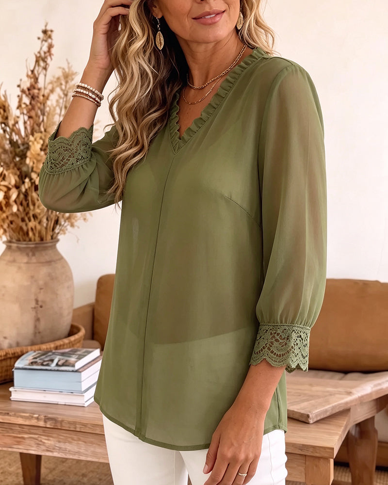 V-Neck Ruffle Lace Patchwork Blouse