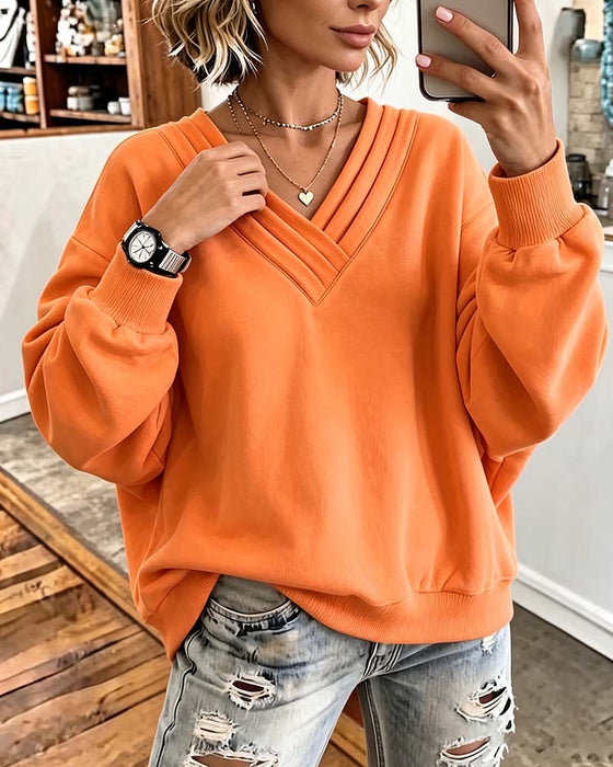 Double Layer V-Neck Drop Shoulder Loose Sweatshirt
