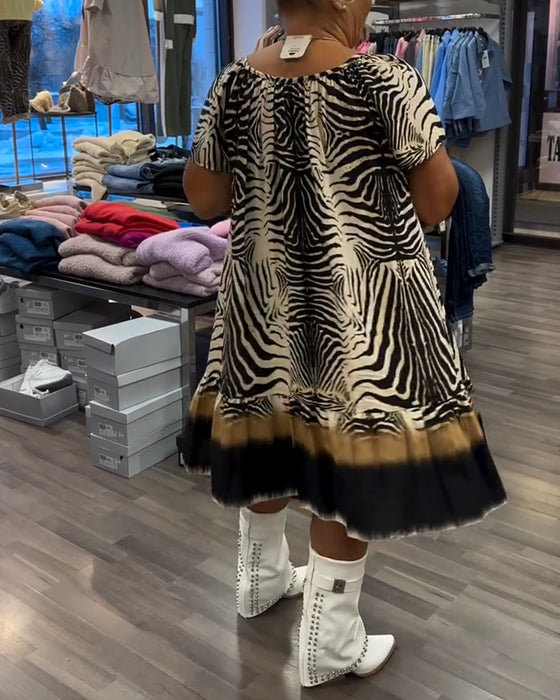 Loose Round Neck Short Sleeve Printed Dress
