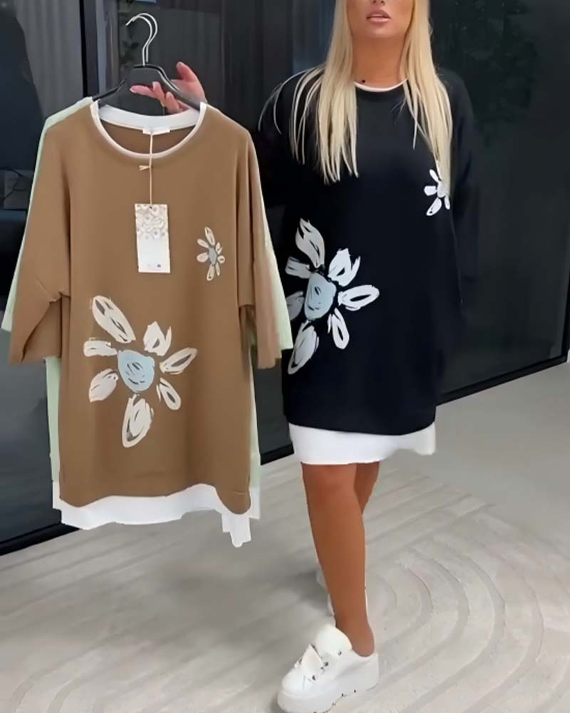 Crew Neck Printed Patchwork Sweatshirt Dress